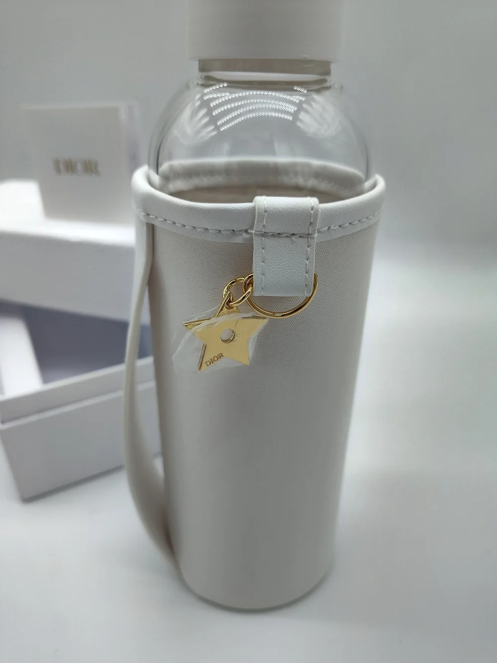 DIOR Exclusive Travel Water Bottle White Holder Gold Star Charm Gift Box NIB